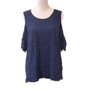 Market & Spruce Cold Shoulder Navy Blue Lace Blouse Top Sheer Lining Size L